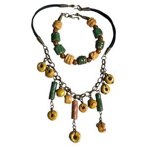 Antique African Ceramic Clay Trade Beads Necklace & Bracelet Jewelry Set Green